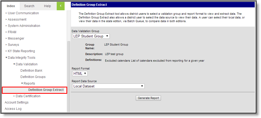 Screenshot of Definition Group Extract