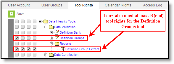 Screenshot of Definition Group Extract tool rights
