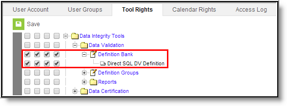Screenshot of Definition Bank Tool Rights