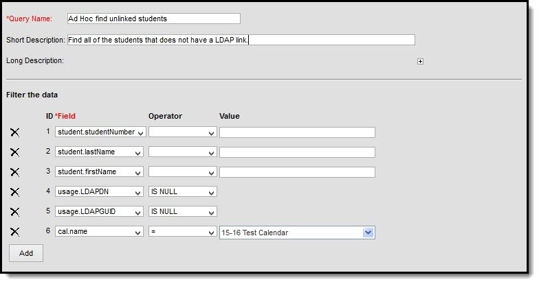 Screenshot of ad hoc fields used with query for unlinked student accounts.