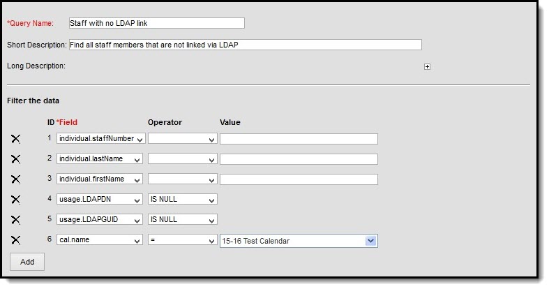 Screenshot of ad hoc fields used to find staff with no LDAP link