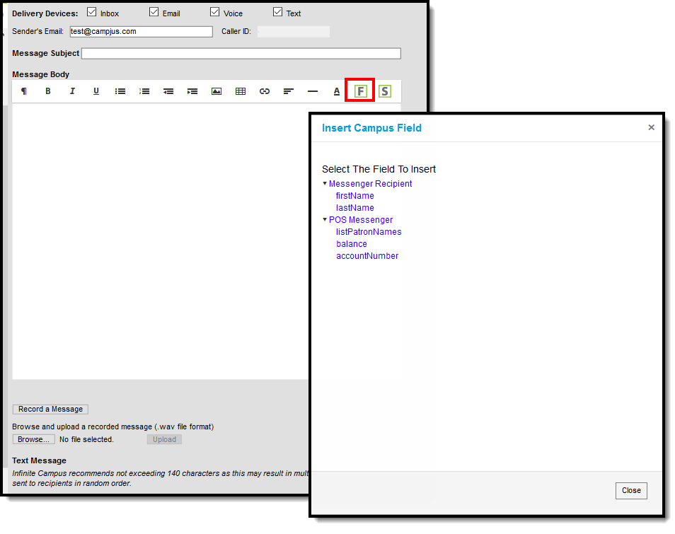 Screenshot highlighting the Campus Fields button to insert dynamic data. 