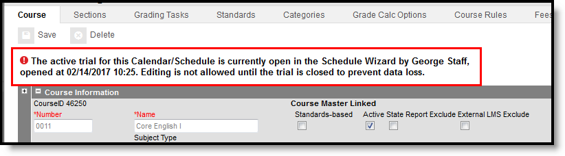 Screenshot of the Locked Trial Display on Scheduling Tools. 