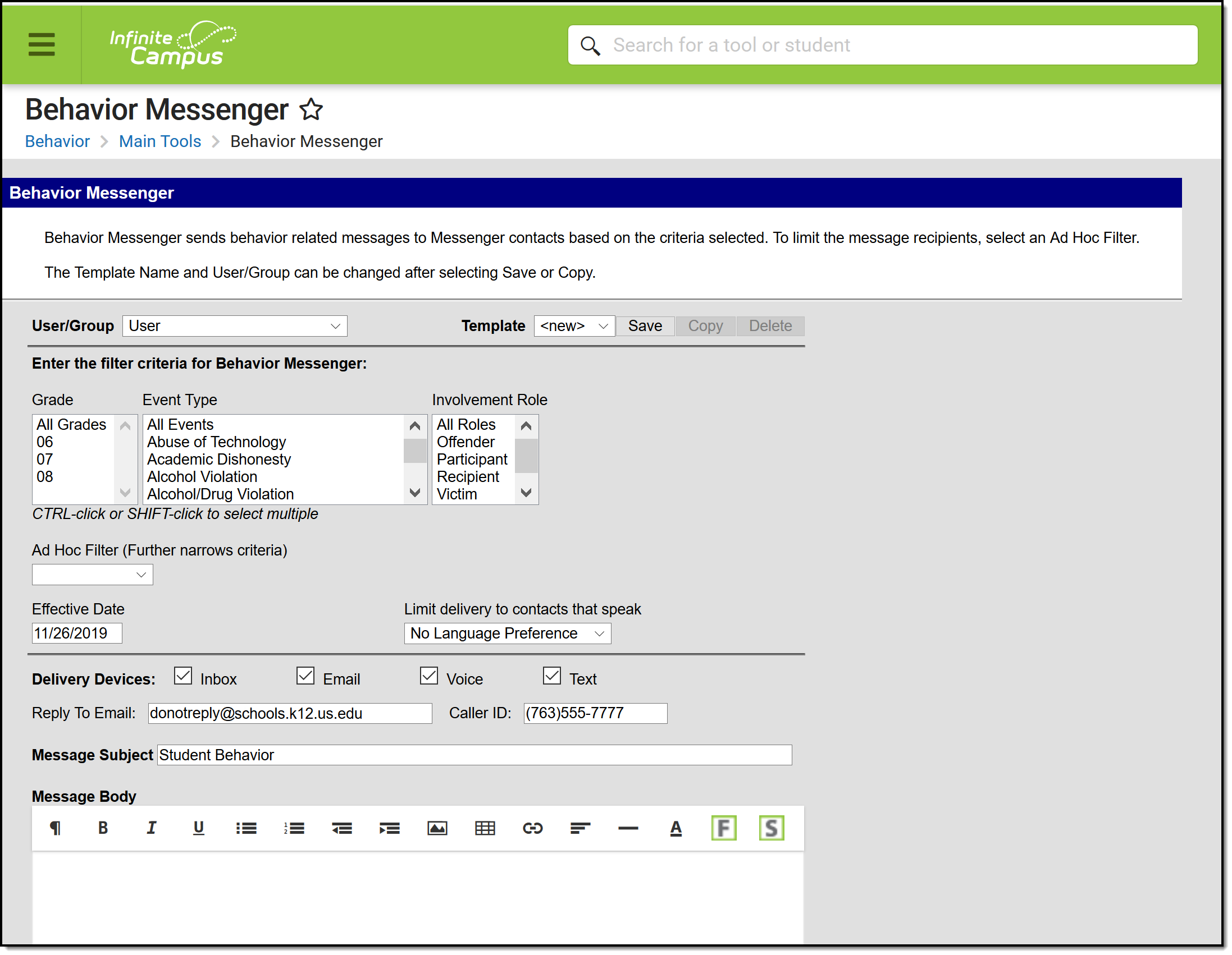 Screenshot of the Behavior Messenger tool.