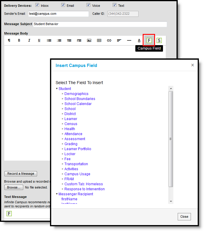 Two part screenshot of the Message Body toolbar with the Campus Field button highlighted and the list of Campus fields.
