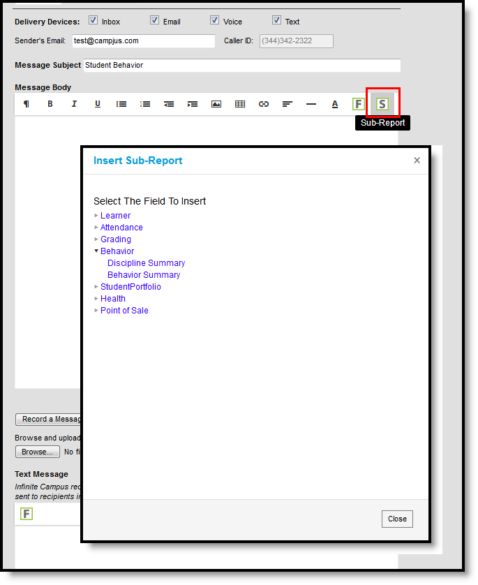 Two part screenshot of the Message Body toolbar with the Sub-Report button highlighted and the list of sub-report.
