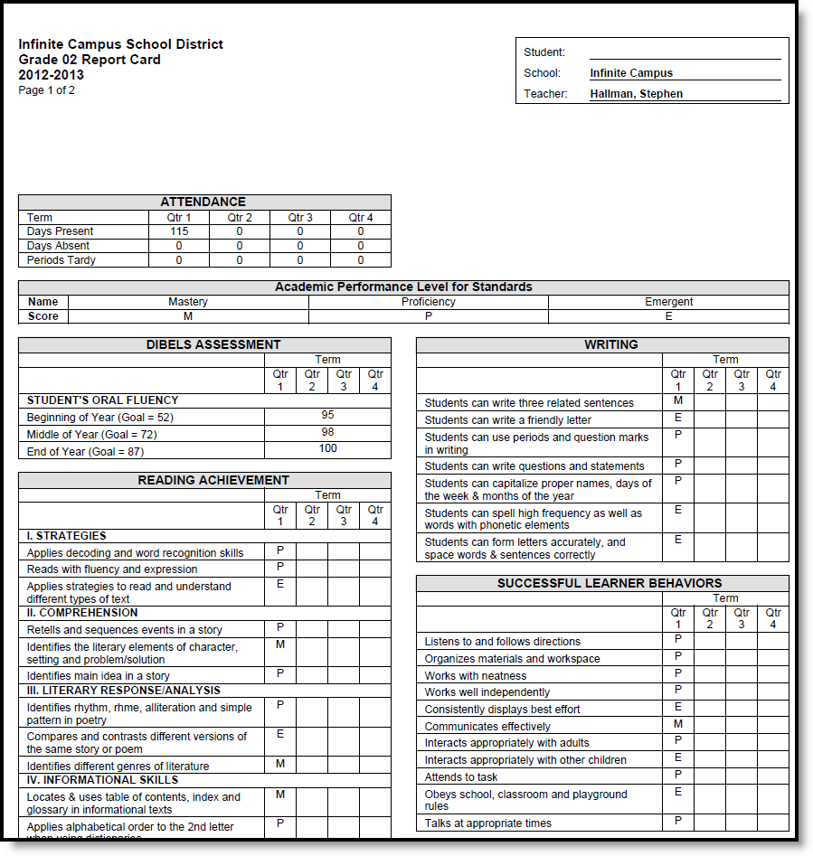 Screenshot of Elementary Standards Based Report Card