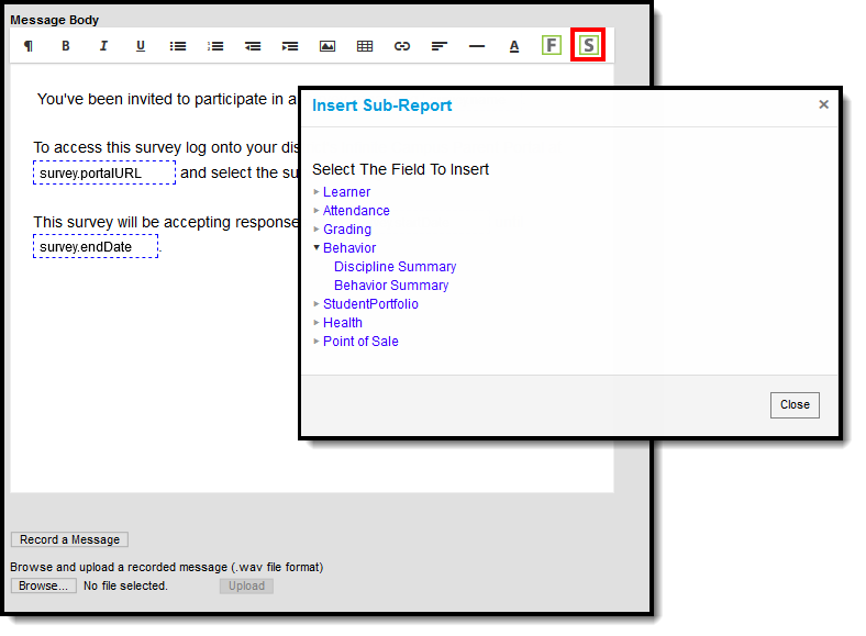 screenshot of the insert sub report button the sub reports available upon selection