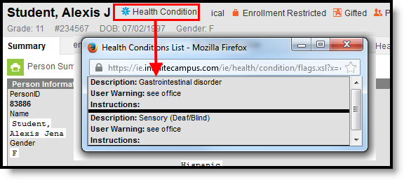 Two part screenshot of the health condition information that displays when a user clicks on the health condition symbol.