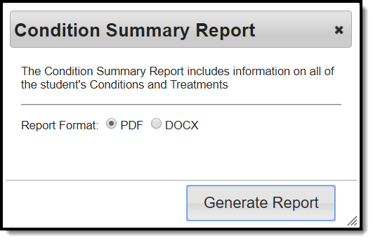 Screenshot of the Condition Summary Report modal.