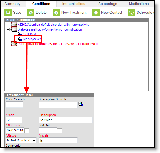 Screenshot of a Treatment as it displays in the list of conditions and in the treatment detail.