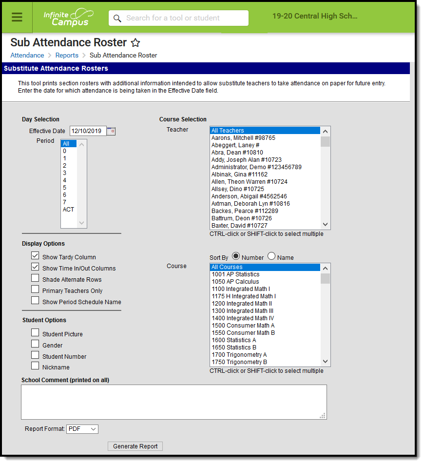 Screenshot of sub attendance roster print options.