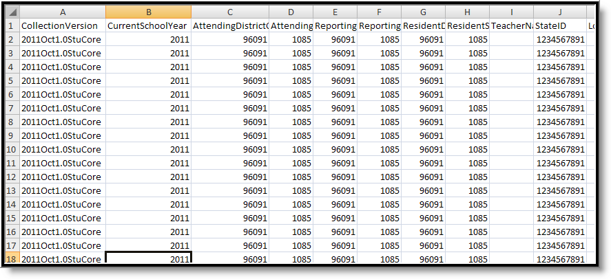 Screenshot of a student core extract October reporting example in the State CSV format.