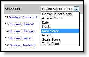 Screenshot of a dropdown list in a column header where assessment elements are selected to be shown in the table.  