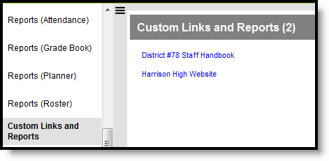 Screenshot of the Custom Links and reports tool. 