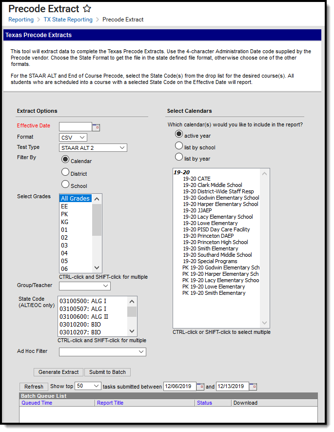 Screenshot of the Precode Extract editor with STAAR ALT 2 as the test type.