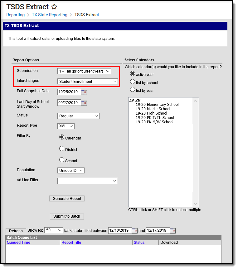 Screenshot of the TSDS Extract editor with the /Student Enrollment Interchange option selected.