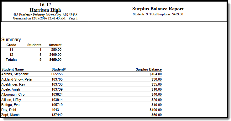 Screenshot showing an example of the Surplus Balance Report.