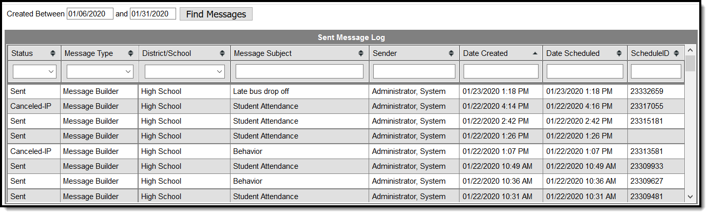 Screenshot of the Sent Message Log, with messages of different statuses and subjects sent by a user on different dates.