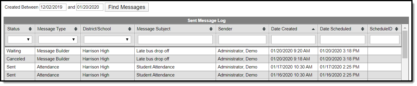 Screenshot of the Sent Message Log, with messages sent between user selected start and end dates.