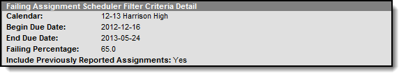 Sample screenshot of a message sent from the Failing Assignment Scheduler, showing the parameters for assignments that generated a message.