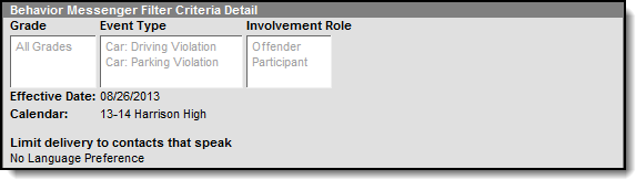 Sample screenshot of a message sent from Behavior Messenger, showing selected grade level, behavior event types and involvement roles.