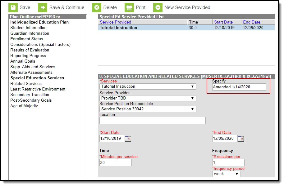 Image of the Specify field on the Special Education Services editor