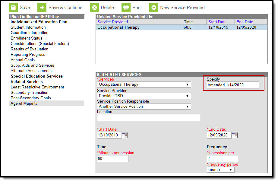 Image of the Specify field on the Related Services editor