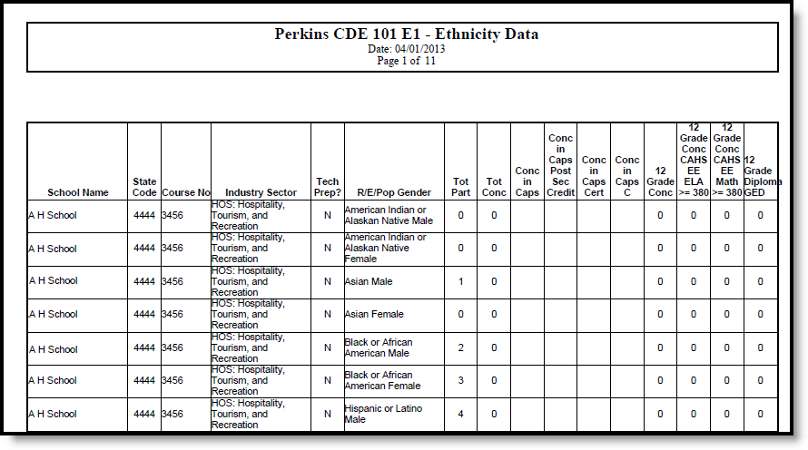 Screenshot of an example of the Perkins CDE 101 E1 (California) extract in PDF format. 