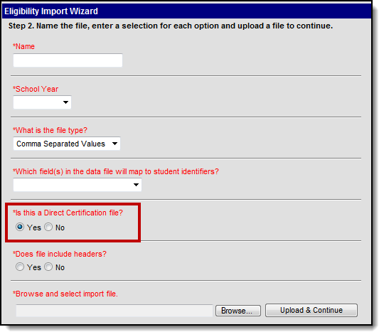 Screenshot of step two of the Eligibility Import Wizard. Users enter the name of the mapping and set specific parameters.