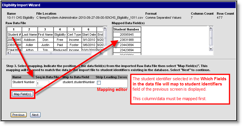Screenshot of step three of the Eligibility Import Wizard. Users map the columns with Campus fields.