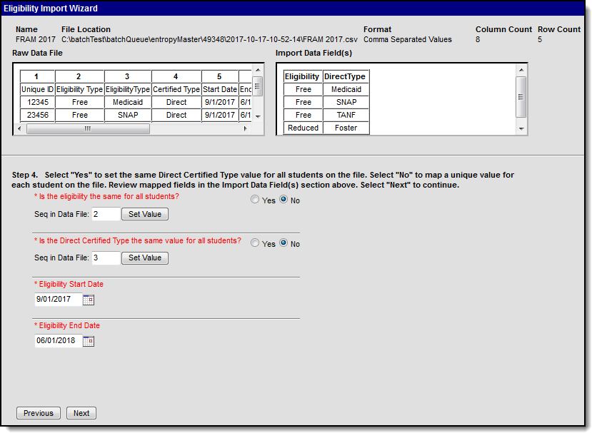 Screenshot of step four of the Eligibility Import Wizard. Users choose which Direct Certified Type should be imported.