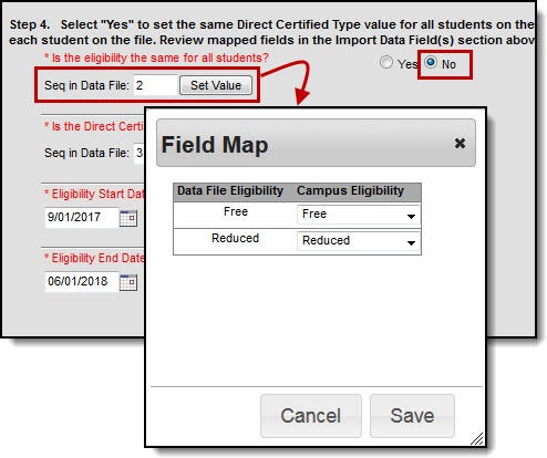 Two part screenshot of the question Is the eligibility the same for all students. No is selected and the Field Map window appears.