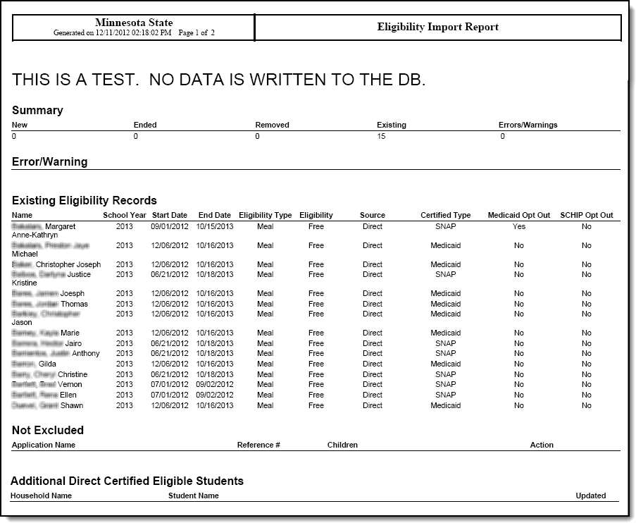 Screenshot showing an example of the Eligibility Import Report.