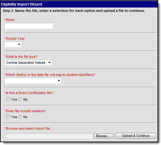 Screenshot of step 2 of the Eligibility Import Wizard. Users enter the name of the mapping and set specific parameters.