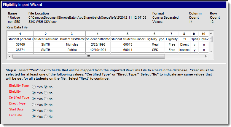 Screenshot of step 4 of the Eligibility Import Wizard. Users choose which fields to import.