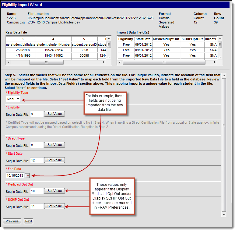 Screenshot of step 5 of the Eligibility Import Wizard. Users map values to accepted values in Campus.