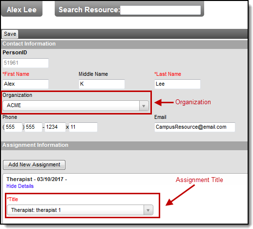 Screenshot of the Resource Master tool with callouts around the Organization and Assignment Title fields.
