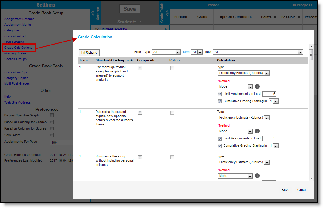 Screenshot highlighting accessing the Grade Calc Options tool from the Grade Book Settings menu. 