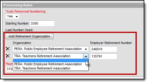 Screenshot of the Add Retirement Organization button. There are two examples of organizations and their Employer Retirement Number.