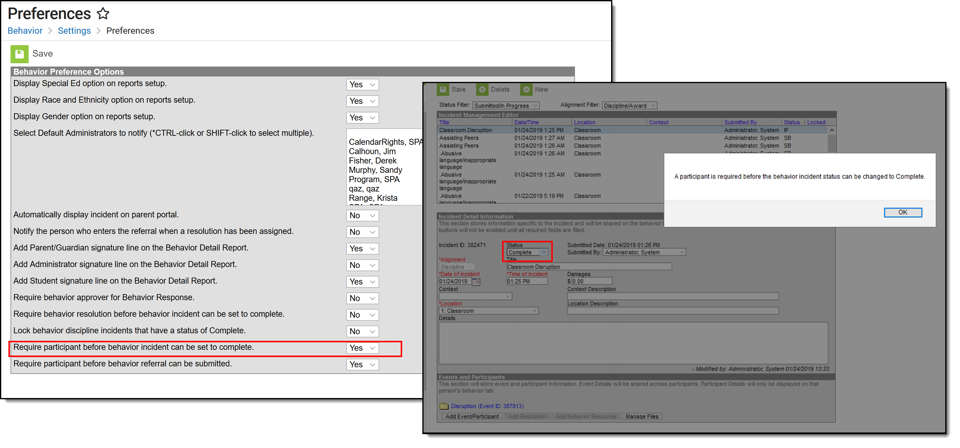 Screenshot of the system preference requiring a participant to be added before it can be marked complete. 