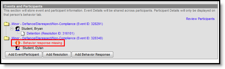 Screenshot of the Behavior Response missing indicator