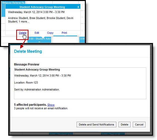 Two-part screenshot showing the Delete Meeting pop-up after the Delete button is clicked.