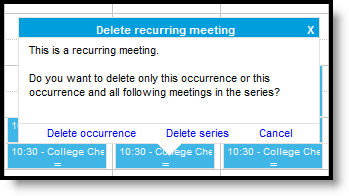 Screenshot of the Delete recurring meeting options.