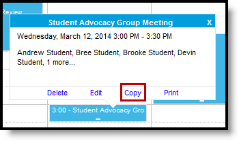Screenshot of a meeting selected in the calendar with the Copy button called out.  