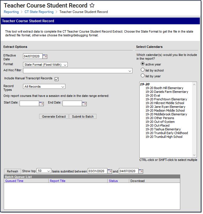 Screenshot of the Teacher Course Student Record extract editor.
