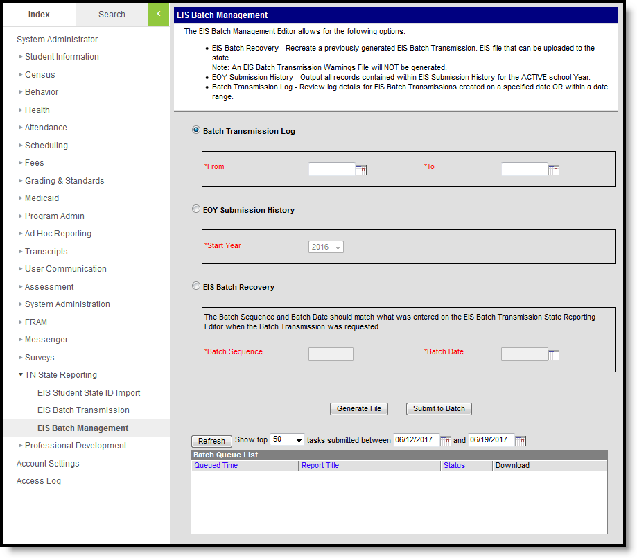 Screenshot of EIS Batch Managment editor