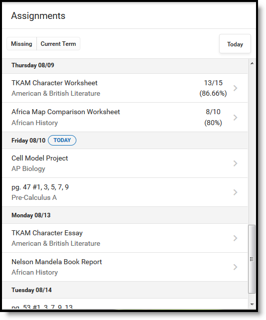 Screenshot of the assignments tool in campus student.