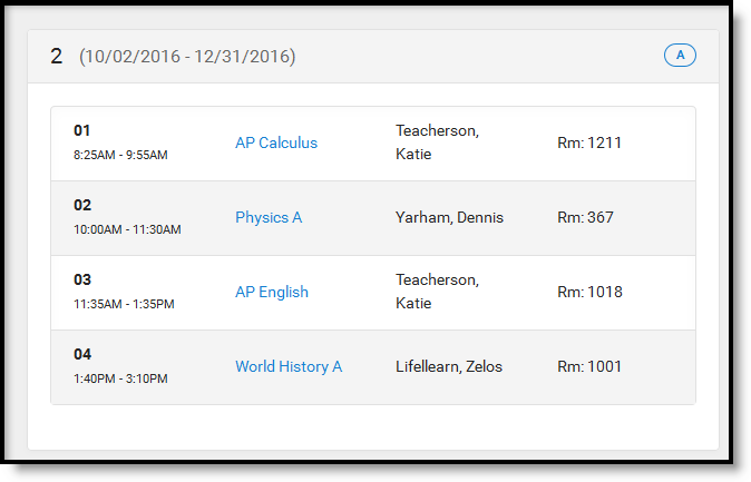 Screenshot of the schedule tool in campus student.