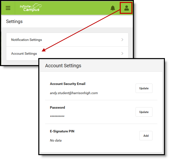 Screenshot of accessing Account Settings from the user menu at the top right of the screen.  